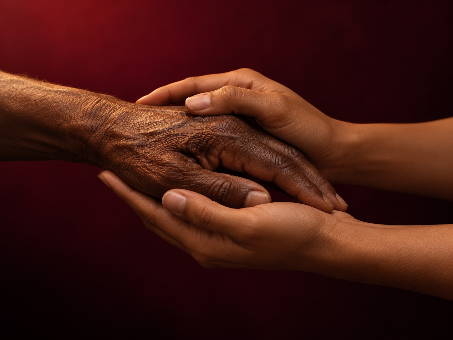 Hands gently holding another person’s hand in a gesture of care and support.