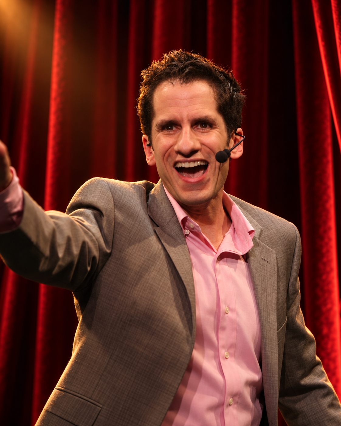 Seth Rudetsky performing with a headset microphone against a red velvet stage curtain.