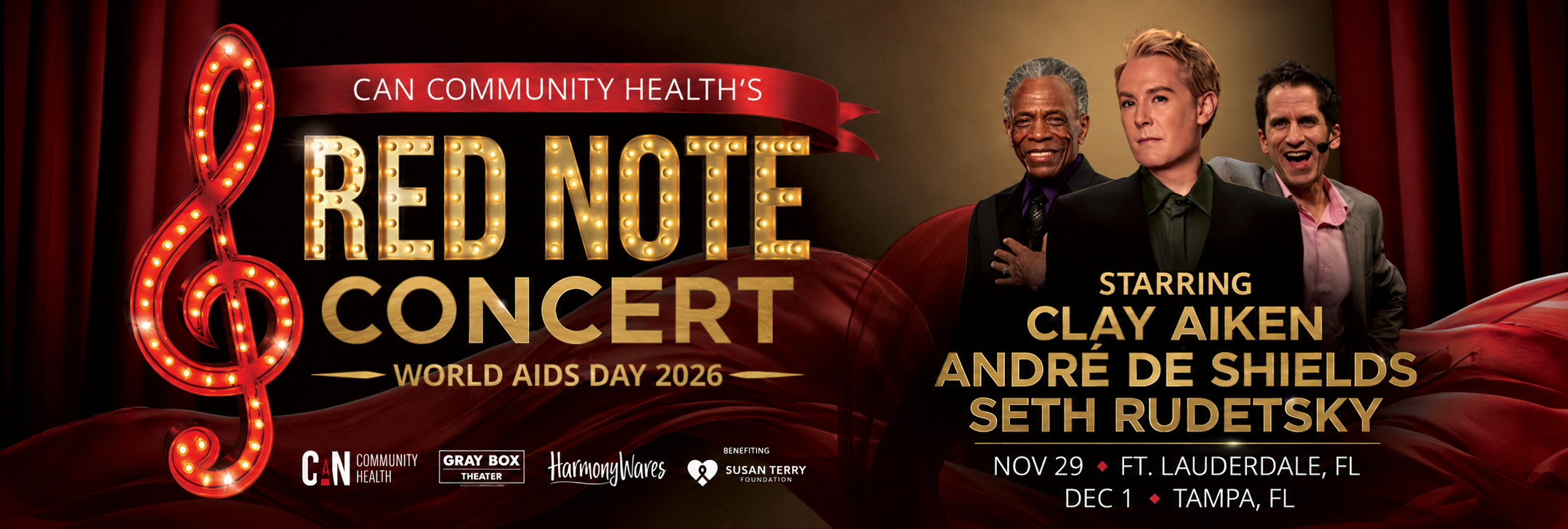 Red Note Concert featuring Clay Aiken, André De Shields and Seth Rudetsky. November 29 in Fort Lauderdale and December 1 in Tampa, 2026.