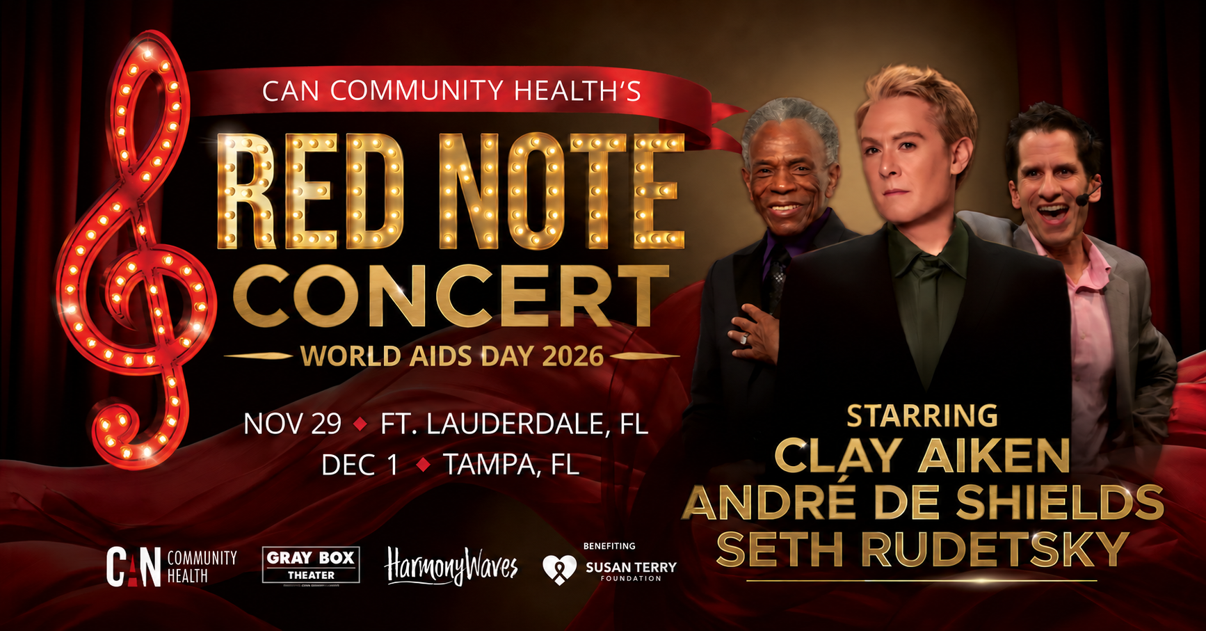 Red Note Concert starring Clay Aiken, with André De Shields and Seth Rudetsky. November 29, 2026 in Fort Lauderdale and December 1, 2026 in Tampa. Benefiting the Susan Terry Foundation.